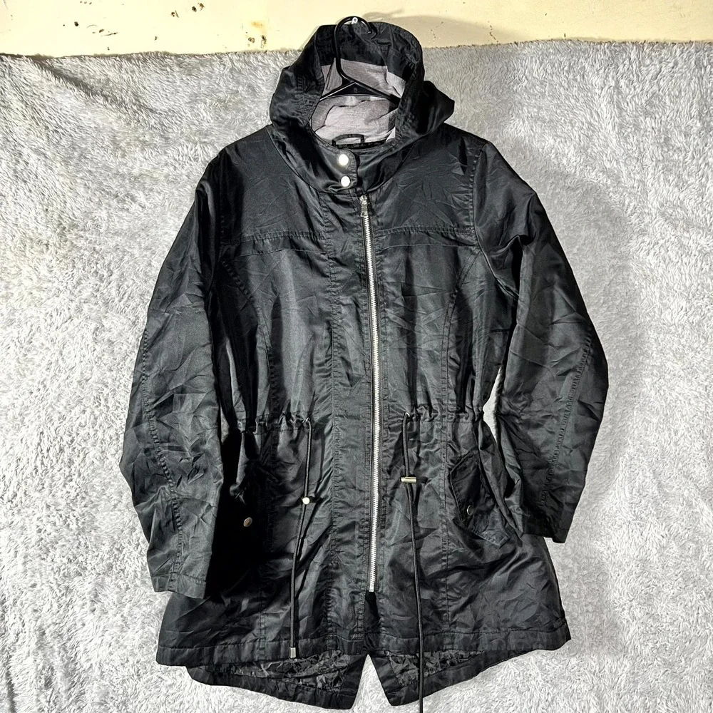 Bella Donna Parka Jacket Womens XL‎ Black Lined Drawstring Waist Hooded Full Zip